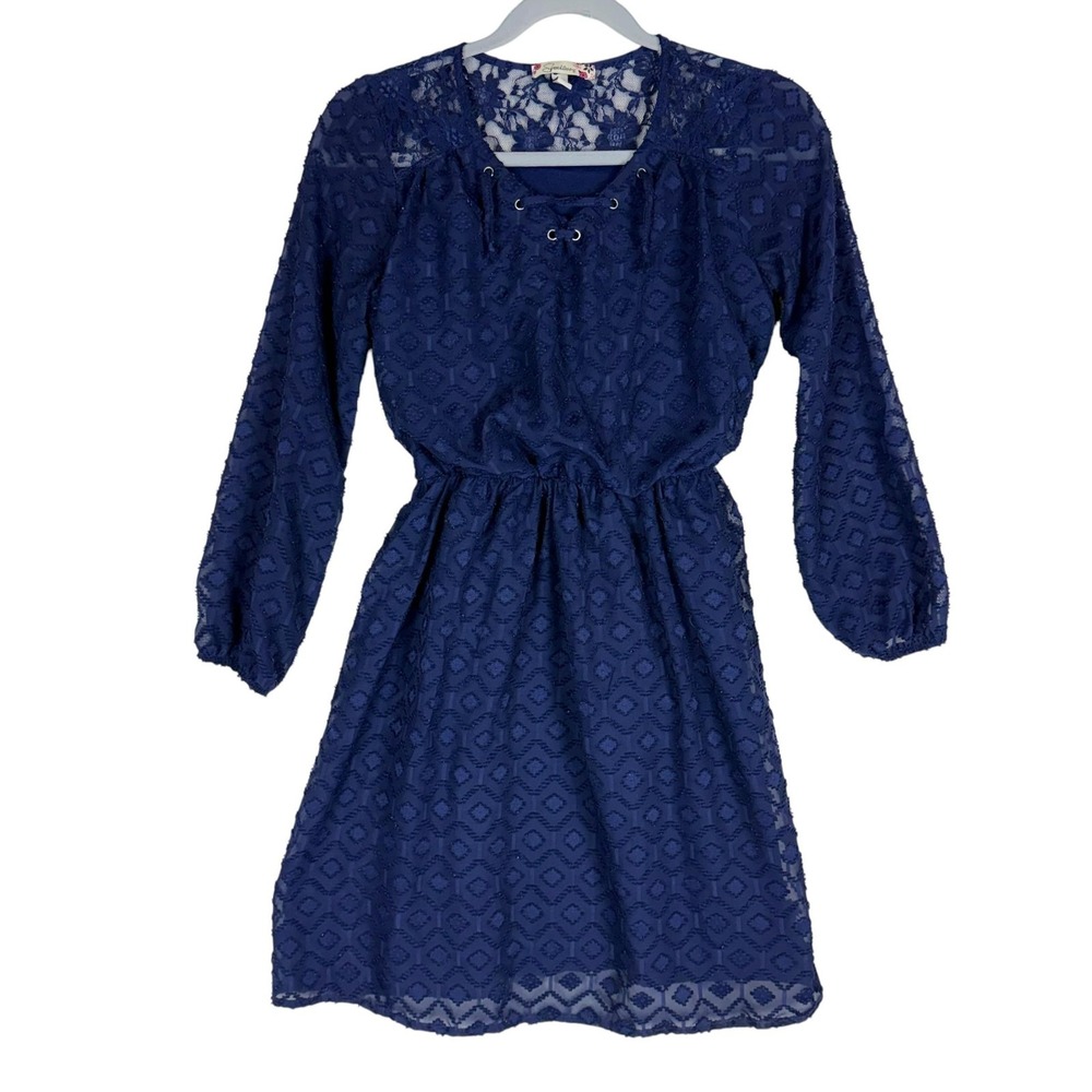 Speechless Dress Juniors 14 Blue Lace Fit & Flare Long Sleeve Lined Geometric